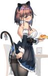 1girl animal_ears ass black_legwear breasts brown_hair cat_ears cat_tail cleavage fake_animal_ears food holding holding_plate large_breasts maid omelet omurice original panties panties_under_pantyhose pantyhose plate ranf short_hair simple_background solo tail underwear white_background 