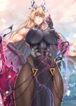  1girl abs armor bangs bare_shoulders biceps black_dress black_gloves blonde_hair breasts brown_legwear chain covered_navel dress elbow_gloves fate/grand_order fate_(series) gauntlets gawain_(fairy_knight)_(fate) gloves green_eyes hands_on_hips heterochromia horns large_breasts long_hair looking_at_viewer muscular muscular_female pantyhose pauldrons pelvic_curtain red_eyes shoulder_armor sideboob single_gauntlet single_pauldron solo sword thighs toned weapon zucchini 