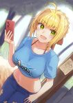  1girl :d absurdres ahoge alternate_costume arts_shirt bangs blonde_hair blue_shirt bra_strap breasts cellphone collarbone cowboy_shot crop_top denim drawing english_text eyebrows_visible_through_hair fate/extra fate/grand_order fate_(series) from_above green_eyes hair_ribbon hand_in_pocket hand_up highres holding holding_phone jeans large_breasts long_hair looking_at_viewer midriff navel nero_claudius_(fate) nero_claudius_(fate)_(all) open_mouth pants phone red_ribbon reijgr_(ff9999x) ribbon shadow shirt short_sleeves smartphone smile solo tied_hair torn_clothes torn_jeans torn_pants tree 