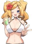  1girl bikini blonde_hair blue_eyes breasts cleavage commentary_request drill_hair drink drinking_straw flower hair_flower hair_ornament hibiscus honolulu_(kancolle) kantai_collection large_breasts long_hair looking_at_viewer navel one_eye_closed picoli1313 simple_background solo swimsuit twin_drills twintails white_background white_bikini 