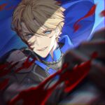  1boy bangs black_gloves blonde_hair blood blood_on_face blue_cape blue_eyes cape dimitri_alexandre_blaiddyd fire_emblem fire_emblem:_three_houses gloves hair_between_eyes highres holding holding_weapon looking_at_viewer male_focus parted_lips sevenaklausv short_hair smile solo tsurime upper_body weapon 