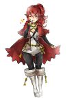  anna_(fire_emblem) black_legwear boots breast_strap breasts cape capelet dress fire_emblem fire_emblem_fates hair_between_eyes hip_focus hood itsaboutspoons legs long_hair one_eye_closed pantyhose ponytail red_eyes red_hair signature thief 