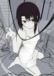  1girl absurdres bangs barefoot brown_eyes brown_hair cable closed_mouth closet flat_chest grey_sky hair_ornament hairclip highres iwakura_lain jack_masser kneeling loungewear on_floor pale_skin power_lines serial_experiments_lain short_hair 