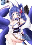  1girl absurdres animal_ear_fluff animal_ears azur_lane blue_ribbon breasts cleavage degawa1121 eyebrows_visible_through_hair fan flower folding_fan fox_ears fox_tail fur_scarf hair_flower hair_ornament highres holding holding_fan jintsuu_(azur_lane) large_breasts obi ponytail ribbon sash simple_background solo standing standing_on_one_leg tail tsurime white_background wide_sleeves 