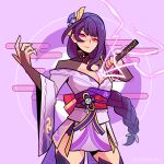  1girl absurdres bangs braid breasts bridal_gauntlets cleavage closed_mouth commentary egasumi electricity english_commentary flower genshin_impact hair_flower hair_ornament highres holding holding_sword holding_weapon japanese_clothes kimono large_breasts long_hair looking_at_viewer mitsudomoe_(shape) mole mole_under_eye purple_background purple_eyes purple_flower purple_hair raiden_(genshin_impact) ribbon sash solo sword symbol_commentary tassel thighhighs timtam tomoe_(symbol) weapon 