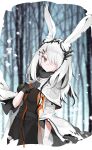  1girl animal_ears arknights bla_(artist) black_dress black_gloves breasts bunny_ears capelet closed_mouth commentary dress expressionless frostnova_(arknights) gloves hair_over_one_eye long_hair scar solo turtleneck white_hair 