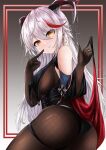  1girl absurdres aegir_(azur_lane) ass azur_lane bare_shoulders black_cape black_gloves black_panties bodystocking breast_curtains breasts cape demon_horns eyebrows_visible_through_hair finger_to_mouth gloves hair_between_eyes highres horns iron_cross large_breasts long_hair looking_at_viewer looking_back medal min1910 multicolored_hair panties red_cape red_hair simple_background skindentation solo streaked_hair two-tone_cape two-tone_hair underwear white_hair yellow_eyes 
