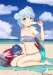  1girl absurdres beach bikini black_ribbon blue_hair blue_sky breasts cloud day dixie_cup_hat double_bun food hat hat_ribbon highres holding holding_food innertube kantai_collection little_blue_whale_(kancolle) military_hat navel official_alternate_costume outdoors popsicle ribbon samuel_b._roberts_(kancolle) short_hair sky small_breasts sorairo_haruka striped striped_bikini swimsuit whale yellow_eyes 