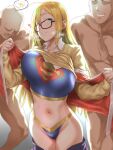  1girl backlighting bangs beige_sweater blonde_hair blue_eyes blue_panties blue_shirt blush breasts clothed_female_nude_male clothes_lift cracked_egg crop_top dc_comics glasses highres large_breasts long_hair long_sleeves looking_at_viewer mm_(yoromu) navel nude panties shirt smile supergirl superman_(series) underwear 