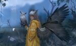  1girl animal_ears barcode bird bird_on_hand blurry blurry_background coat dated earrings feathered_wings fom_(lifotai) gauntlets grey_hair hand_in_pocket hand_up highres hood hood_down jewelry long_hair looking_at_viewer original owl owl_ears raincoat single_gauntlet solo tree wings yellow_coat yellow_eyes 