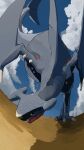  absurdres black_sclera blurry claws cloud colored_sclera commentary_request day garchomp gen_4_pokemon highres no_humans open_mouth outdoors pokemon pokemon_(creature) sharp_teeth sky solo spikes teeth yellow_eyes yunimaru 