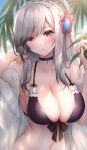  1girl azur_lane bangs bikini black_choker blue_butterfly blurry blurry_background blush braid breasts bug butterfly butterfly_hair_ornament choker cleavage collarbone commentary_request crown_braid dunkerque_(azur_lane) dunkerque_(summer_sucre)_(azur_lane) earrings eyebrows_visible_through_hair eyes_visible_through_hair frilled_bikini frills front-tie_top grey_hair hair_ornament hairband halter_top halterneck hand_in_hair hands_up headdress highres holding holding_hair insect jewelry large_breasts leaf looking_at_viewer navel official_alternate_costume oyuwari parted_lips purple_bikini red_eyes sapphire_(gemstone) see-through solo stomach swimsuit upper_body wet white_hairband 