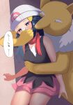  1girl arm_around_waist bare_arms beanie black_hair blush chloroform commentary_request dawn_(pokemon) drugged eyelashes gen_1_pokemon grey_eyes hair_ornament hairclip hand_up hat hiyoko_matcha hypno long_hair pink_skirt pokemon pokemon_(creature) pokemon_(game) pokemon_dppt raised_eyebrows scarf shiny shiny_hair shiny_skin shirt skirt sleeveless sleeveless_shirt white_headwear 