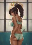  1girl adjusting_clothes adjusting_panties artmancer ass bird blue_eyes bra breasts character_request cowboy_shot dark-skinned_female dark_elf dark_skin dimples_of_venus earrings elf english_commentary epic_seven from_behind green_bra green_panties highres jewelry large_breasts long_hair looking_at_viewer looking_back multiple_earrings panties pointy_ears ponytail shop solo standing strap_gap underwear underwear_only window 