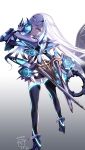  1girl armor armored_dress bangs choco_(chocolate_shop) eyebrows_visible_through_hair facing_away fate/grand_order fate_(series) gauntlets gradient gradient_background hair_between_eyes hair_ornament high_heels highres lancelot_(fairy_knight)_(fate) long_hair looking_at_viewer looking_back mask official_art pauldrons purple_eyes sheath shoulder_armor signature silver_hair solo thighhighs visor zettai_ryouiki 