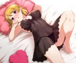  1girl bangs bare_arms bare_legs bare_shoulders blonde_hair blush breasts commission covered_nipples frilled_pillow frills heart heart_pillow koizumi_hanayo large_breasts lingerie looking_at_viewer love_live! love_live!_school_idol_project lying navel nightgown nipples on_back open_mouth panties pillow purple_eyes see-through short_hair skeb_commission solo string_panties underwear underwear_only yoshi_tama 