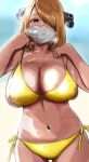  beach bikini bikini_lift blonde_hair blush breasts clothes_lift cowboy_shot curvy cynthia_(pokemon) hair_ornament hair_over_one_eye heart heart-shaped_pupils highres huge_breasts lifted_by_self looking_at_viewer mask mouth_mask navel pitapita_pi pokemon pokemon_(game) pokemon_dppt side-tie_bikini strap_lift sunlight surgical_mask swimsuit symbol-shaped_pupils thigh_gap white_mask yellow_bikini 