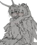  2girls amiya_(arknights) animal_ears arknights bangs blue_eyes blush breast_grab bunny_ears cat_ears cat_girl cloak closed_eyes colored_eyelashes e-fa-dorn eyebrows_visible_through_hair fingerless_gloves gloves grabbing hair_down hand_on_another&#039;s_crotch hand_on_another&#039;s_head highres hood hooded_cloak jewelry long_hair looking_at_another multiple_girls nude rabbit_girl ring rosmontis_(arknights) spot_color thigh_strap yuri 