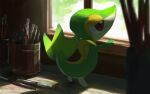  blurry brown_eyes commentary_request creature day gen_5_pokemon hand_up highres indoors looking_out_window no_humans paintbrush pokemon pokemon_(creature) pot rend snivy solo standing starter_pokemon window 