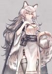  1girl animal_ear_fluff animal_ears arknights bead_necklace beads black_cloak blush breasts circlet cloak commentary cowboy_shot dress eyelashes grey_background grey_eyes grey_legwear highres jewelry leopard_ears leopard_girl leopard_tail long_hair medium_breasts moyumidori multicolored_hair necklace pelvic_curtain pramanix_(arknights) silver_hair solo streaked_hair tail thighhighs thighs turtleneck twitter_username white_dress wristband 