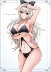  1girl arm_under_breasts armpits azur_lane black_bow black_swimsuit bow breast_hold breasts character_name cleavage clothing_cutout eyebrows_visible_through_hair grey_eyes grey_hair hair_bow highres holding holding_eyewear large_breasts long_hair looking_at_viewer o-ring o-ring_swimsuit official_alternate_costume pink-tinted_eyewear sai-go simple_background solo stomach_cutout swimsuit vittorio_veneto_(azur_lane) vittorio_veneto_(the_flower_of_la_spezia)_(azur_lane) white-framed_eyewear white_background 