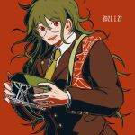  1boy :d bangs brown_jacket collared_shirt commentary_request danganronpa_(series) danganronpa_v3:_killing_harmony dated eyebrows_visible_through_hair glasses gokuhara_gonta green_hair hair_between_eyes happy holding insect_cage jacket kiri_(2htkz) long_hair long_sleeves looking_at_viewer male_focus messy_hair necktie open_mouth orange_background red_background red_eyes rimless_eyewear round_eyewear shirt simple_background smile solo teeth translation_request upper_body white_shirt 