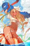  1girl bikini blonde_hair blue_sky breasts cloud commentary dark-skinned_female dark_skin day english_commentary hair_between_eyes hat highres hololive lack leg_garter long_hair looking_at_viewer medium_breasts multicolored_hair navel one_eye_closed partially_submerged pointy_ears red_eyes shiranui_flare sky smile solo streaked_hair swimsuit virtual_youtuber water white_bikini white_hair white_headwear 