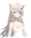 1girl animal_ears arknights bangs bare_shoulders breasts closed_mouth grey_eyes highres lappland_(arknights) long_hair looking_to_the_side messy_hair runamonet scar silver_hair sleeveless solo symbol_commentary white_background wolf_ears 