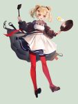  1girl animal_ears apron arknights bear_ears blonde_hair candy_hair_ornament coat food-themed_hair_ornament frying_pan gummy_(arknights) hair_ornament hairclip no.aei pantyhose red_eyes red_legwear skirt spatula sunny_side_up_egg twintails 