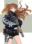  1girl belt black_shorts blue_eyes brown_hair commentary esojima_gary eyelashes eyepatch gun hair_ornament handgun happy highres jacket long_hair looking_at_viewer neon_genesis_evangelion pistol ponytail rifle shorts smile solo souryuu_asuka_langley standing weapon 