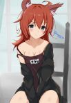  1girl absurdres ahoge animal_ears arashi_(kancolle) black_eyes black_jacket breasts brown_camisole camisole cleavage commentary_request dog_ears highres honma_(honmatomohiro) jacket kantai_collection medium_hair namesake off-shoulder_jacket off_shoulder one-hour_drawing_challenge red_hair sitting small_breasts solo strap_slip v_arms 