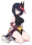  1girl black_hair black_shirt breasts full_body genshin_impact half-closed_eyes highres jagd kneeling kujou_sara_(genshin_impact) mask medium_breasts shirt short_hair simple_background sleeveless solo tengu_mask thighs white_background 