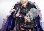  1boy 1girl amu_(nsk0) aqua_hair armor bangs black_eyepatch blonde_hair blue_cape breastplate byleth_(fire_emblem) byleth_(fire_emblem)_(female) cape closed_eyes closed_mouth cowboy_shot dimitri_alexandre_blaiddyd eyepatch fire_emblem fire_emblem:_three_houses fur_collar gauntlets hair_between_eyes hand_grab holding_another one_eye_covered short_hair simple_background white_background 