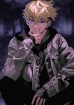  1boy absurdres bangs black_hair black_hoodie black_pants blonde_hair blue_eyes chin_stroking earrings grey_jacket grin hair_between_eyes highres hood hood_down hoodie jacket jewelry long_sleeves looking_at_viewer lumian_(user_lomen) male_focus matsuno_chifuyu pants short_hair single_earring sitting sleeves_past_wrists smile solo tokyo_revengers 