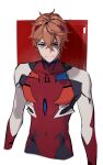  1boy bangs blue_eyes bodysuit closed_mouth cosplay crossed_bangs english_commentary genshin_impact hair_between_eyes interface_headset k_young03 male_focus neon_genesis_evangelion orange_hair plugsuit red_bodysuit simple_background solo souryuu_asuka_langley souryuu_asuka_langley_(cosplay) tartaglia_(genshin_impact) two-tone_background 