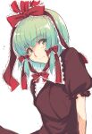  1girl bangs blush bow brown_dress brown_sleeves closed_mouth collar dress eyebrows_visible_through_hair green_eyes green_hair hair_between_eyes hair_bow kagiyama_hina kaiza_(rider000) looking_to_the_side puffy_short_sleeves puffy_sleeves red_bow short_hair short_sleeves simple_background smile solo touhou white_background white_collar 