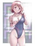  1girl black_swimsuit blurry breasts brown_eyes clothes_pull competition_school_swimsuit competition_swimsuit depth_of_field groin highleg highleg_swimsuit highres large_breasts mashinatsu one-piece_swimsuit original pink_hair short_hair solo strap_slip swimsuit swimsuit_pull tan tanlines 