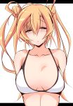  1girl abukuma_(kancolle) alternate_costume bikini bikini_top blonde_hair blue_eyes breasts collarbone double_bun hair_between_eyes hair_rings highres kanbayashi_chiko kantai_collection long_hair small_breasts solo swimsuit upper_body white_bikini 