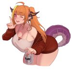  1girl ;) ahoge asahi_breweries asura_(asurauser) bangs beer_can bent_over blunt_bangs blush breasts brown_jacket brown_skirt can cleavage cropped_legs dragon_girl dragon_horns dragon_tail eyebrows_visible_through_hair fingernails hair_intakes highres hololive horn_ornament horn_ring horns index_finger_raised jacket jewelry kiryu_coco large_breasts long_hair looking_at_viewer miniskirt multicolored_hair no_bra nose nose_blush off_shoulder one_eye_closed open_mouth orange_hair orange_nails pendant pointy_ears red_eyes skirt smile solo strap_gap streaked_hair tail tank_top thick_thighs thighs track_jacket upper_teeth virtual_youtuber white_background 