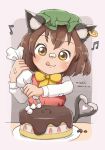  1girl :3 :q animal_ear_fluff animal_ears artist_name blush brown_hair cake cat_ears cat_tail chen dated earrings food green_headwear grey_background hat heart heart_tail highres holding jewelry looking_down misakili mob_cap multiple_tails musical_note nekomata red_skirt red_vest short_hair simple_background single_earring skirt solo tail tongue tongue_out touhou two_tails vest yellow_eyes 