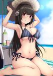  1girl armpits arms_up bare_arms bare_legs bare_shoulders barefoot beach beach_umbrella bikini black_hair blue_sky blush bottle breasts choukai_(kancolle) cloud commentary_request cooler day eyebrows_visible_through_hair front-tie_top glasses hair_ornament hat headgear highres kantai_collection kuromayu large_breasts long_hair looking_at_viewer navel outdoors red_eyes remodel_(kantai_collection) rimless_eyewear sand side-tie_bikini sky smile solo striped swimsuit umbrella 
