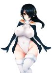  1girl aokiyasuri black_hair blush breasts brown_eyes covered_navel covered_nipples emperor_penguin_(kemono_friends) hair_over_one_eye headphones highres hood hoodie kemono_friends large_breasts leotard long_hair looking_at_viewer multicolored_hair open_mouth simple_background solo thighhighs white_background white_legwear white_leotard 