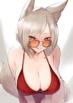 1girl :q absurdres animal_ears bangs black-framed_eyewear breasts cleavage closed_mouth commentary dress english_commentary glasses highres looking_at_viewer mixed-language_commentary original parted_bangs red_dress short_hair smile solo sunglasses suzuya_(maru) tail tongue tongue_out white_hair yellow_eyes 