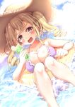  1girl absurdres bang_dream! bangs bikini blonde_hair blush breasts cleavage commentary_request drink hat highres holding holding_drink ichigaya_arisa innertube large_breasts long_hair looking_at_viewer navel ocean outdoors purple_bikini solo sumioo_(sumikko_no_ousama) swimsuit twintails yellow_eyes 