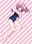  1girl 2000s_(style) bare_shoulders barefoot blue_swimsuit breasts clothes_pull covered_navel feet finger_to_mouth full_body hokoro legs lying minato_tomoka off_shoulder on_side pulled_by_self purple_eyes purple_hair ribbon rou-kyuu-bu! school_swimsuit short_hair side_ponytail small_breasts smile solo striped striped_background swimsuit swimsuit_pull thighs toes 