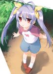  1girl absurdres antenna_hair blue_shorts brown_footwear highres kneehighs leaning_forward long_hair mari_(rodoney-kiara) miyauchi_renge non_non_biyori open_mouth outdoors purple_hair red_eyes ribbon shirt shoes short_sleeves shorts solo twintails white_legwear white_shirt 