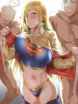  1girl backlighting bangs beige_sweater blonde_hair blue_eyes blue_panties blue_shirt blush breasts clothed_female_nude_male clothes_lift cracked_egg crop_top dc_comics highres large_breasts long_hair long_sleeves looking_at_viewer mm_(yoromu) navel nude panties shirt smile supergirl superman_(series) underwear 