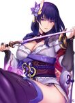  1girl bangs flower genshin_impact hair_flower hair_ornament japanese_clothes kimono long_hair looking_at_viewer mole mole_under_eye obi okitakung purple_eyes purple_flower purple_hair raiden_(genshin_impact) sash solo vision_(genshin_impact) white_kimono 