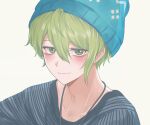  1boy amami_rantarou bangs beanie blue_headwear blush closed_mouth collarbone commentary_request danganronpa_(series) danganronpa_v3:_killing_harmony earrings green_eyes green_hair hair_between_eyes hat jewelry looking_at_viewer male_focus necklace porary shiny shiny_hair shirt short_hair simple_background smile solo striped striped_shirt upper_body white_background 