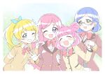  4girls :3 ;d ^_^ ^o^ aoba_rinka blonde_hair blue_eyes blue_hair blue_sky blurry blurry_background blush border bow bowtie braid brown_jacket cardigan closed_eyes collared_shirt commentary crown_braid double_bun earrings eyebrows_visible_through_hair facing_viewer french_braid green_eyes grin happy heart heart_bow heart_tail high_ponytail highres holding_hands jacket jewelry kiracchu_(pri_chan) kirarigaoka_middle_school_uniform kiratto_pri_chan long_hair long_sleeves looking_at_viewer medium_hair miniskirt moegi_emo momoyama_mirai mouse_tail multiple_girls older one_eye_closed open_mouth outdoors photo_(object) pink_bow pink_hair pink_neckwear pleated_skirt ponytail pose pretty_(series) purple_eyes rn10r school_uniform shiny shiny_hair shiny_skin shirt skirt sky smile star_(symbol) star_earrings striped_cardigan tail tree upper_body v waving white_border white_shirt white_skirt white_stripes yellow_cardigan yellow_jacket yellow_stripes 